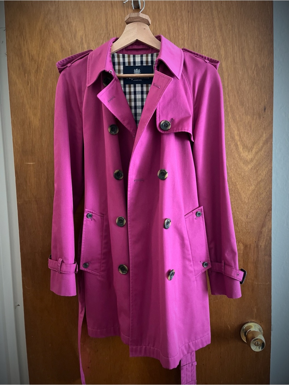 Aquascutum London Made in Italy Magenta Double Breasted Trench Coat Club Check